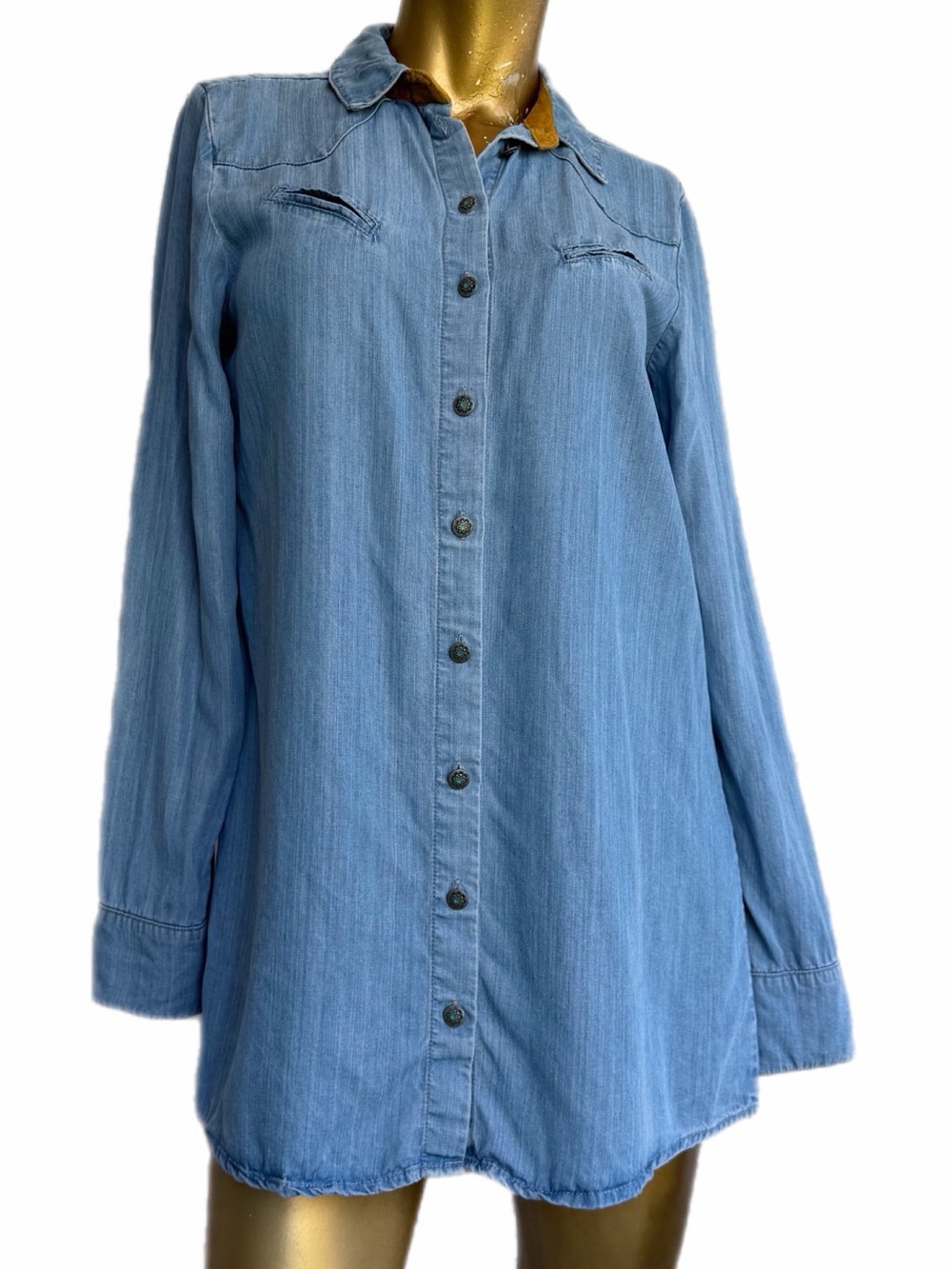 Y2K Vintage Tasha Polizzi Blue Cotton/Tencel Western Button-down Tunic Shirt M